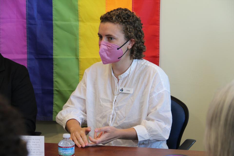 Emma Dolan, a Lovering Health Center volunteer who works as a private birth doula, calls for young people to be a part of the reproductive health conversation during a discussion at the center Friday, July 15, 2022.