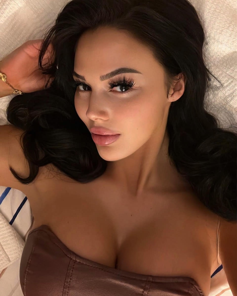 Victoria in a bustier top - she also works as swimwear model, but says OnlyFans is her main source of income and has afforded her a great lifestyle. (Supplied)