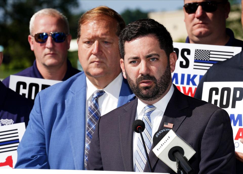 U.S. Rep. Mike Lawler (NY-17) holds a news conference at Veterans Memorial Park in Nanuet. Friday, August 23, 2024.