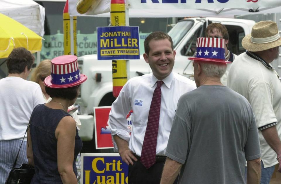 Jonathan Miller, candidate for State Treasurer works the crowd at the Fancy Farm picnic on August 2, 2003.