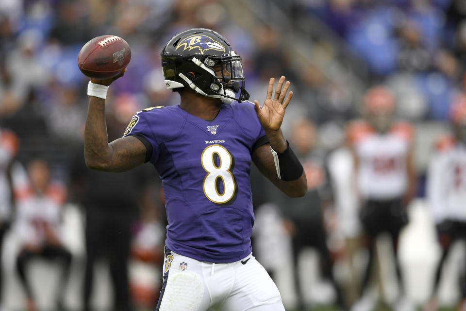 Baltimore Ravens quarterback Lamar Jackson looks to pass against the Cincinnati Bengals during the second half of a NFL football game Sunday, Oct. 13, 2019, in Baltimore. (AP Photo/Nick Wass)
