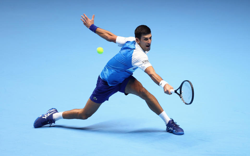 TURIN, ITALY - NOVEMBER 20:  Novak Djokovic of Serbia in action during the Men's Single's Second Semi-Final match between Novak Djokovic of Serbia and Alexander Zverev of Germany on Day Seven of the Nitto ATP World Tour Finals at Pala Alpitour on November 20, 2021 in Turin, Italy. (Photo by Julian Finney/Getty Images)