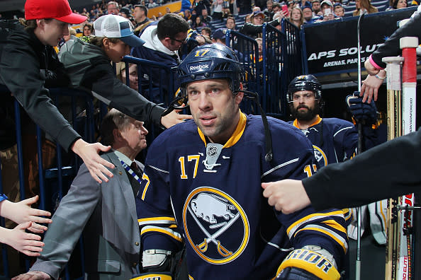 BUFFALO, NY - APRIL 08: David Legwand #17 of the Buffalo Sabres heads to the ice before playing the Columbus Blue Jackets in an NHL game on April 8, 2016 at the First Niagara Center in Buffalo, New York. (Photo by Bill Wippert/NHLI via Getty Images)