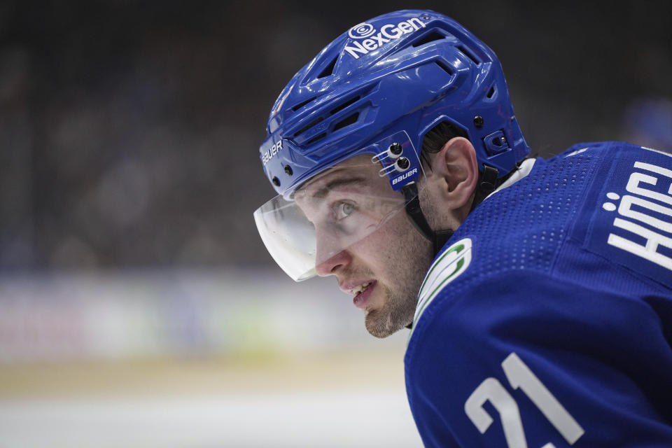 Vancouver Canucks' Nils Hoglander waits for a faceoff during the third period of the team's NHL hockey game against the Pittsburgh Penguins on Tuesday, Feb. 27, 2024, in Vancouver, British Columbia. (Darryl Dyck/The Canadian Press via AP)