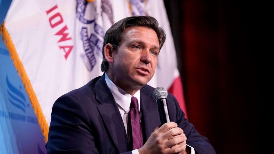 PHOTO: Republican presidential candidate Florida Gov. Ron DeSantis speaks at the Iowa Faith & Freedom Coalition's fall banquet, Sept. 16, 2023, in Des Moines, Iowa. (Bryon Houlgrave/AP)