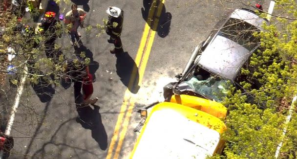 PHOTO: A school bus and car are seen after a head-on crash in Mount Kisco, New York, April 26, 2023. (WABC)