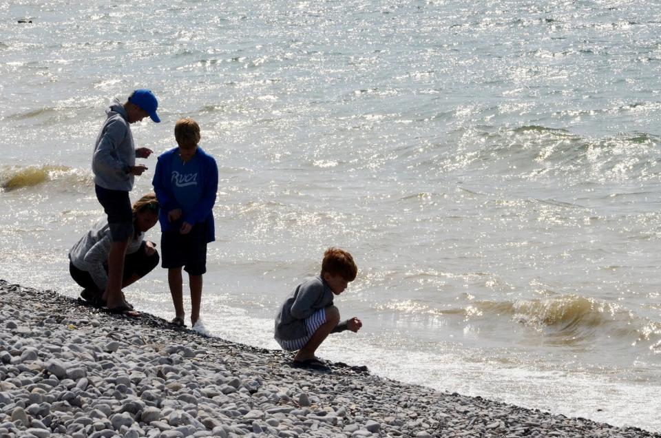 People hunt for Petoskey stones along the Petoskey waterfront.