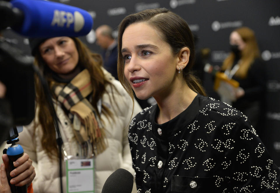 PARK CITY, UTAH - JANUARY 19: Emilia Clarke gives an interview dur the 2023 Sundance Film Festival 