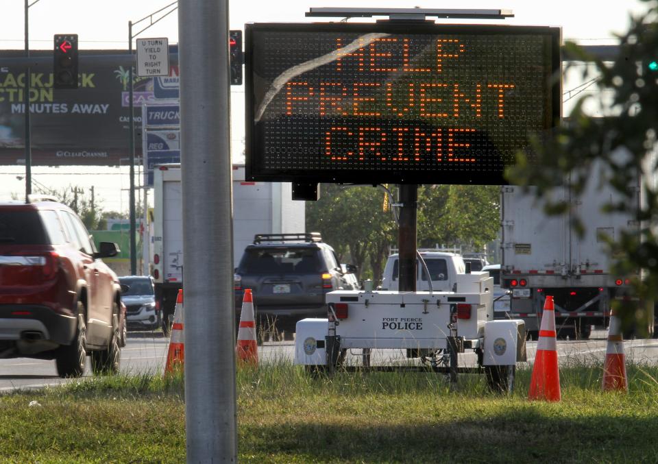 The Fort Pierce Police Department uses an electronic sign for west-bound traffic along Okeechobee Road to encouraging drivers to lock their car doors when parked in the area and to remove valuables from sight to help prevent vehicle break-ins.