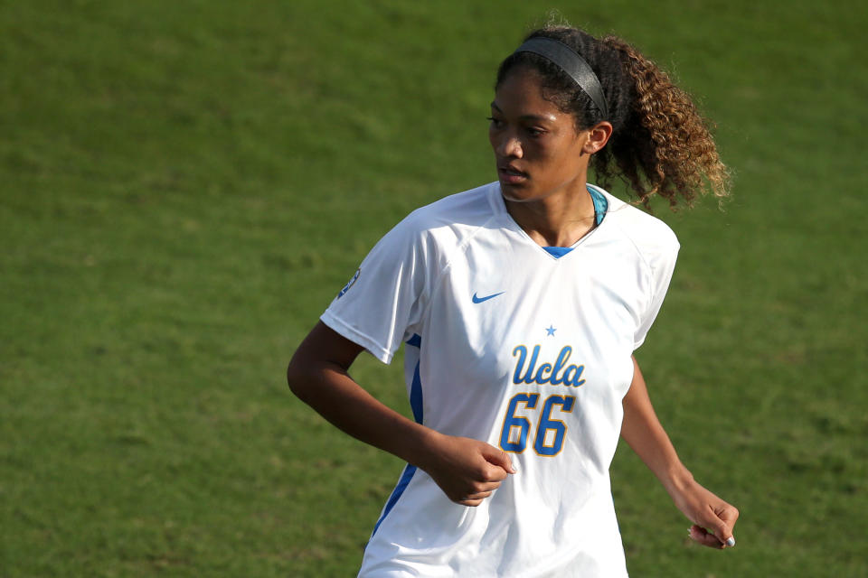 Reilyn Turner of the UCLA Bruins during a game against the California Golden Bears at Wallis Annenberg Stadium on October 31, 2021 in Los Angeles, California.