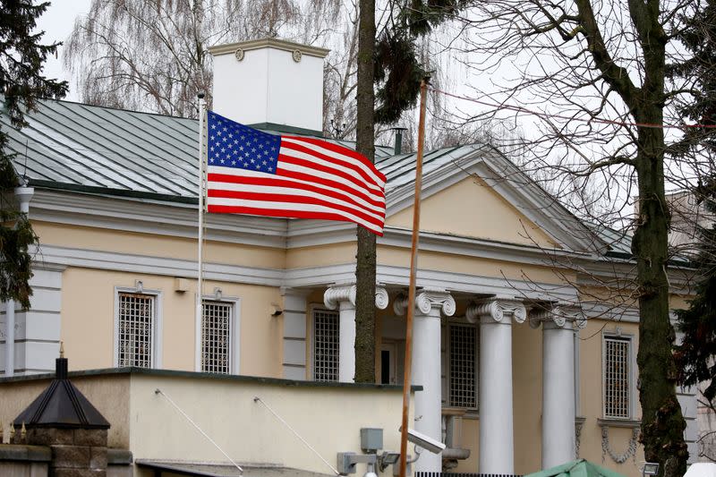 Flag flies at the embassy of the United States in Minsk