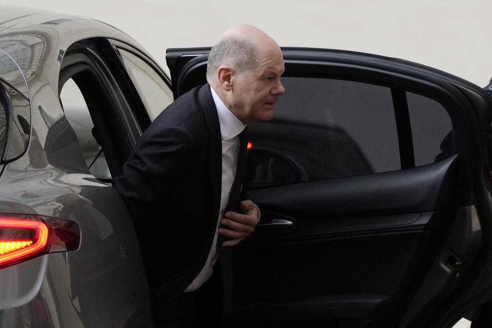 German Chancellor Olaf Scholzarrives at the St. Damaso courtyard ahead of his private audience with Pope Francis at the Vatican, Saturday, March 2, 2024. (AP Photo/Alessandra Tarantino)