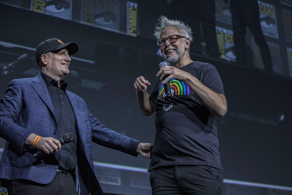 SAN DIEGO, CALIFORNIA - JULY 23: Kevin Feige (L) and James Gunn speak onstage at the Marvel Cinematic Universe Mega-Panel during  2022 Comic-Con International Day 3 at San Diego Convention Center on July 23, 2022 in San Diego, California. (Photo by Daniel Knighton/Getty Images)