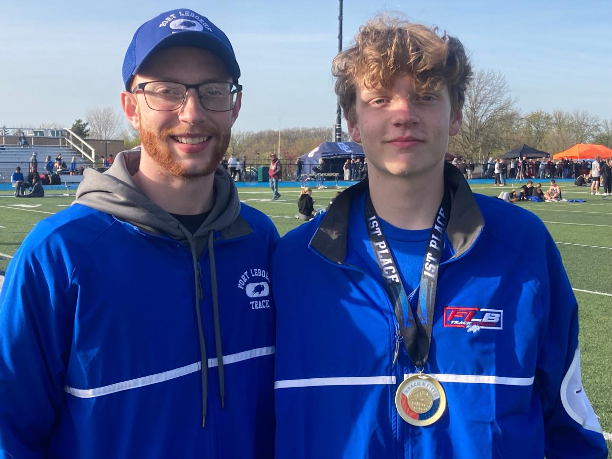 Hayden Skinner (left) is a volunteer coach for Fort LeBoeuf's track and field team. He works with younger brother Garett Skinner, a hurdles specialist for the 2024 Bison.