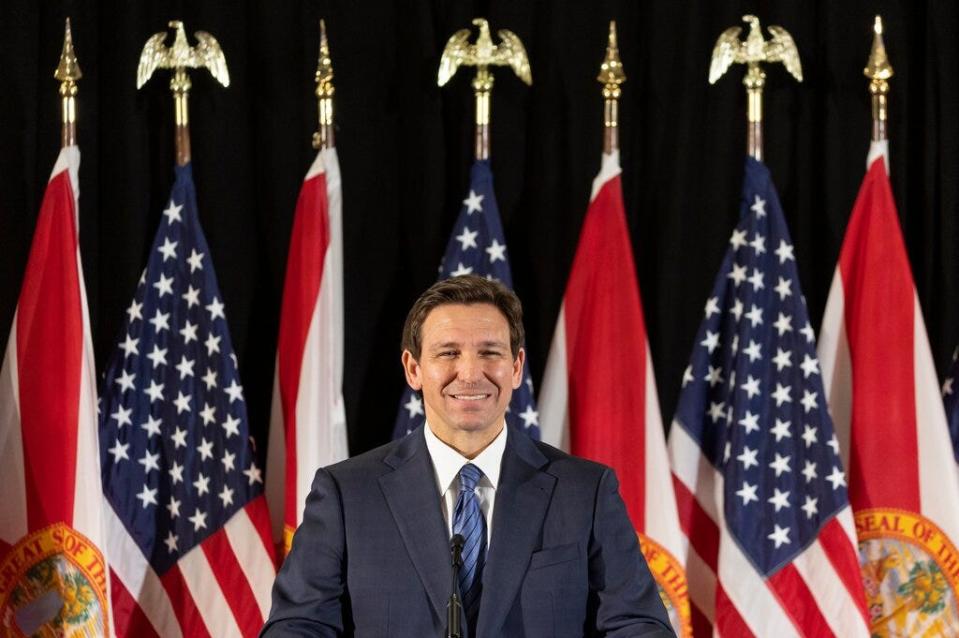 Florida Gov. Ron DeSantis answers questions from the media during a press conference at Christopher Columbus High School on Monday, March 27, 2023, in Miami.