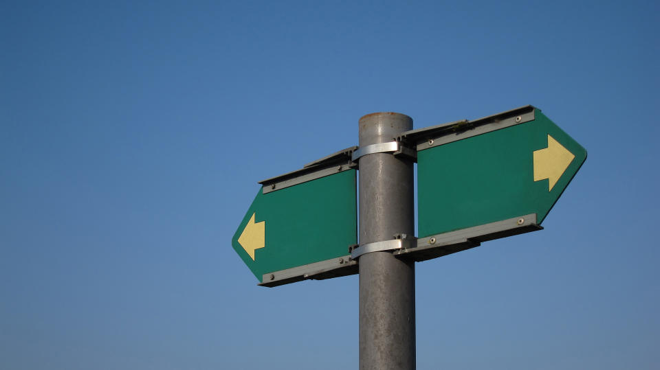 Blank green arrow signs pointing in both directions on top of a metal post.