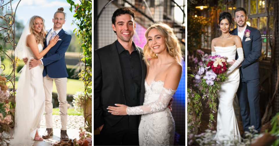 MAFS' Lyndall and Cameron, Ollie and Tahnee, and Evelyn and Rupert on their wedding day.