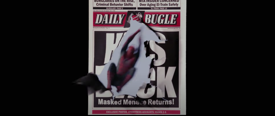 Spider-Man flies through a newspaper reading "HE'S BACK"
