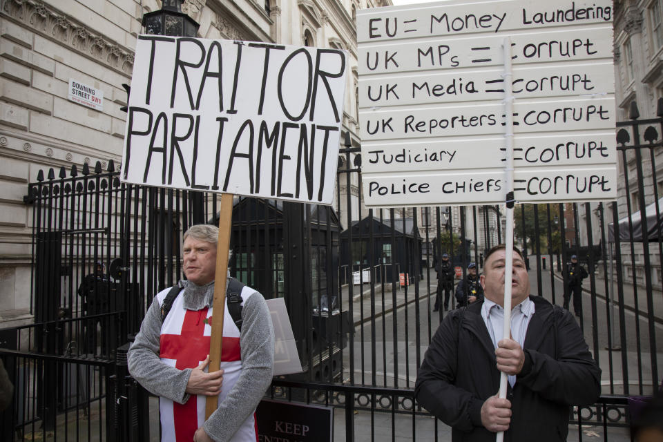 Pro Brexit anti European Union Leave protesters demonstrating outside Downing Street in Westminster on what, prior to another Brexit Day extension, would have been the day the UK was scheduled to leave the EU, and instead political parties commence campaigning for a General Election on 31st October 2019 in London, England, United Kingdom. Brexit is the scheduled withdrawal of the United Kingdom from the European Union. Following a June 2016 referendum, in which 51.9% of participating voters voted to leave. (photo by Mike Kemp/In Pictures via Getty Images)