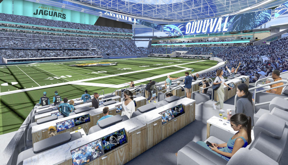 This artists rendering provided by HOK show a conceptual design for the Jacksonville Jaguars NFL football team's "stadium of the future," unveiled Wednesday, June 7, 2023. (HOK/Jacksonville Jaguars via AP)