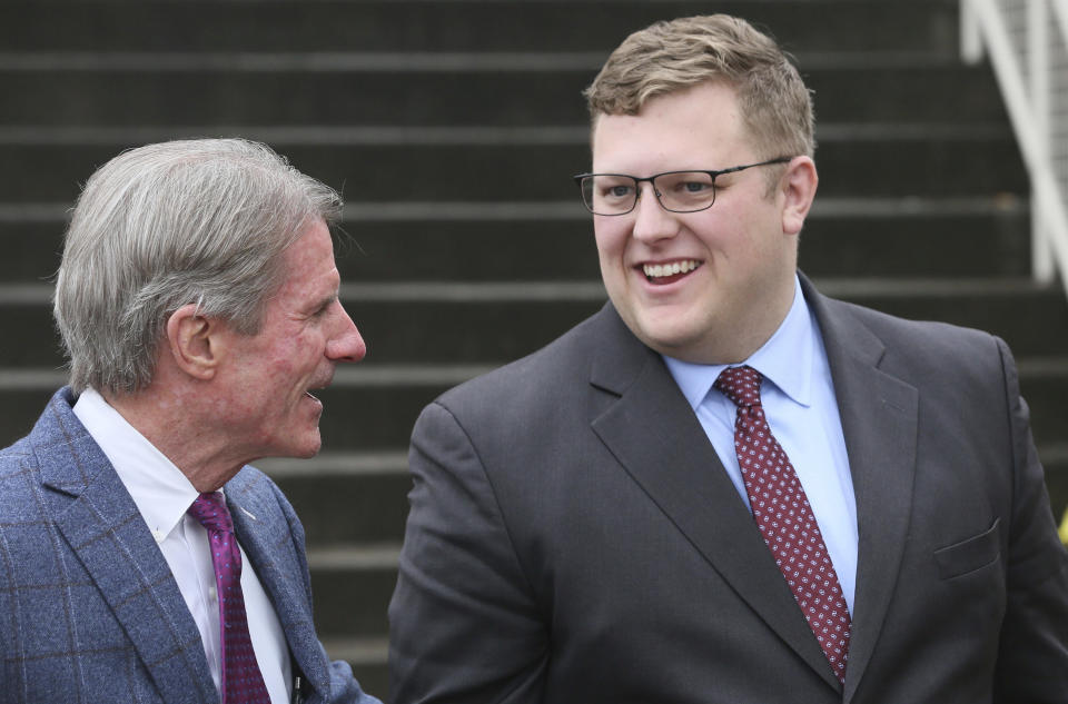 FILE - State Del. Wren Williams, R-Patrick, right, talks with his defense attorney Jimmy Turk after a General District Court hearing in Wytheville, Va., Jan. 4, 2023. (Matt Gentry/The Roanoke Times via AP, File)