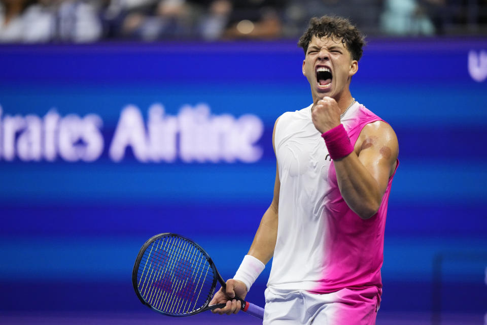 Ben Shelton, of the United States, reacts during a match against Novak Djokovic, of Serbia, during the men's singles semifinals of the U.S. Open tennis championships, Friday, Sept. 8, 2023, in New York. (AP Photo/Frank Franklin II)