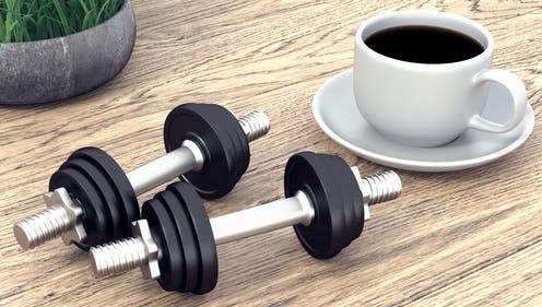 <span class="caption">Participants consumed the equivalent of a tall brewed filter coffee 30 minutes before exercise.</span> <span class="attribution"><a class="link " href="https://www.shutterstock.com/image-illustration/two-dumbbells-cup-coffee-3d-rendering-1135349036" rel="nofollow noopener" target="_blank" data-ylk="slk:Pavel3d/ Shutterstock;elm:context_link;itc:0;sec:content-canvas">Pavel3d/ Shutterstock</a></span>