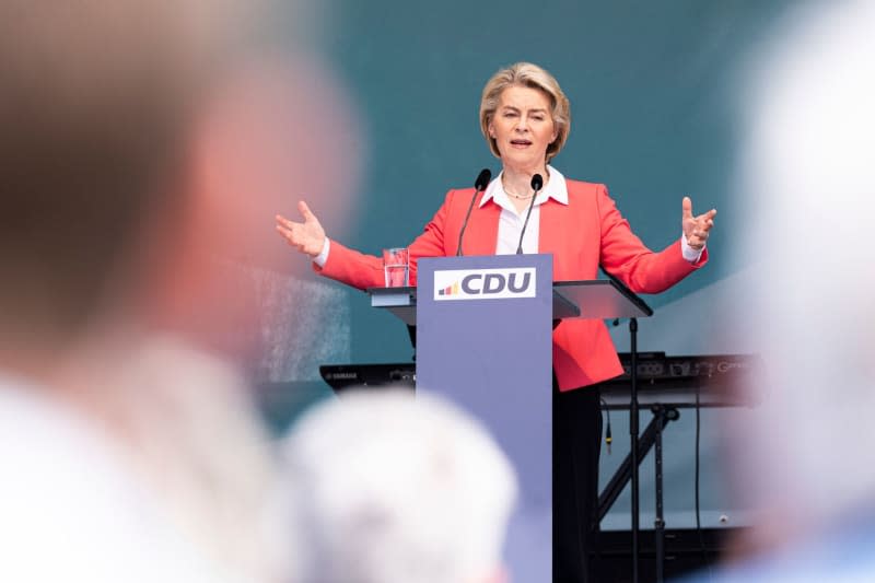 Ursula von der Leyen, President of the European Commission and EPP lead candidate, speaks at the European elections campaign event of the Christian Democratioc Union (CDU) at Steinhuder Meer in the Hanover region. Michael Matthey/dpa