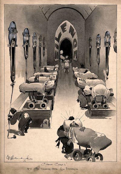 Esta caricatura de 1910 juega con nuestra larga búsqueda del sueño. <a href="https://wellcomecollection.org/works/egb89yd4/images?id=dwsz6qh9" rel="nofollow noopener" target="_blank" data-ylk="slk:Wellcome Collection;elm:context_link;itc:0;sec:content-canvas" class="link ">Wellcome Collection</a>