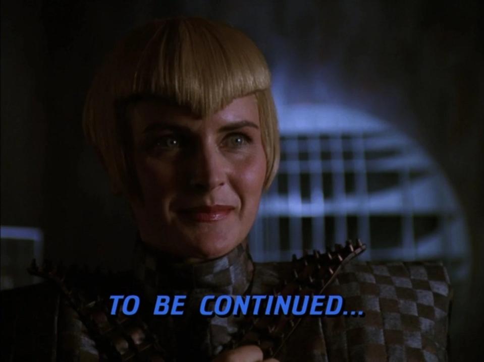 Denise Crosby appears as the Romulan Sela in the Star Trek: The Next Generation season four finale "Redemption." 