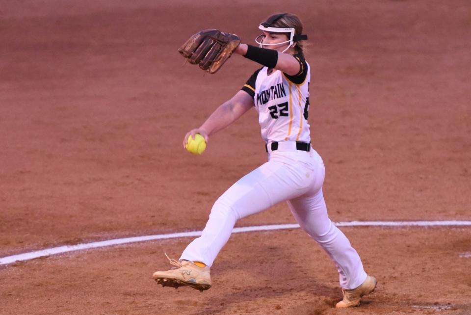 Kings Mountain's Maddie Huffman hurls a pitch toward home plate during the 2023 softball season.