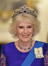 <p>For her first tiara moment as Queen Consort, Camilla wore a diamond and sapphire tiara that belonged to the late Queen Elizabeth.</p>