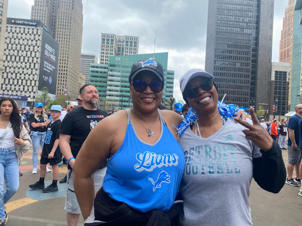 Dorothy Hall, 60, left, and Donna Johnson, 62, of Detroit, are shown Saturday at the NFL draft.