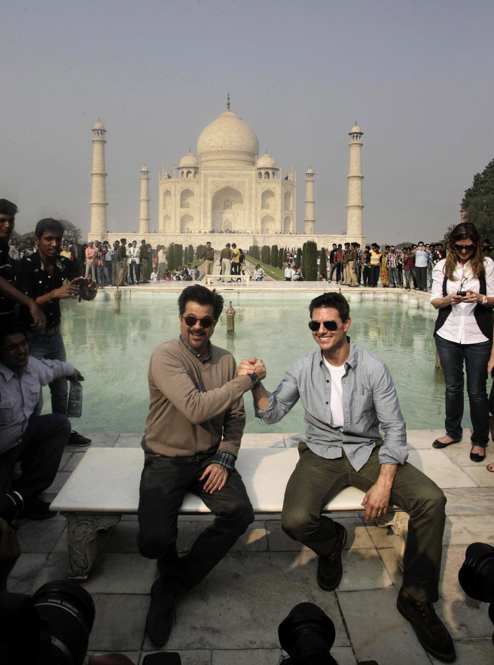 Tom Cruise poses with Anil Kapoor on December 3, 2011.     (AP Photo/ Manish Swarup)