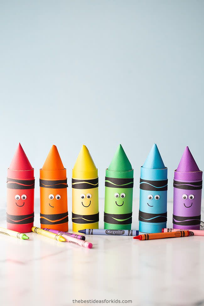 <p>Use these colorful toilet paper roll crayon crafts as decoration for your classroom centers or have each of your students make their own as a first week of school warm up. </p><p>Get the<strong> <a href="https://www.thebestideasforkids.com/toilet-paper-roll-crayons/" rel="nofollow noopener" target="_blank" data-ylk="slk:Toilet Paper Roll Crayons tutorial;elm:context_link;itc:0;sec:content-canvas" class="link ">Toilet Paper Roll Crayons tutorial</a> </strong>at The Best Ideas for Kids.</p><p><a class="link " href="https://www.amazon.com/Upins-Wiggle-Googly-Self-Adhesive-Packaging/dp/B07KZF3RRY?th=1&tag=syn-yahoo-20&ascsubtag=%5Bartid%7C10070.g.3123%5Bsrc%7Cyahoo-us" rel="nofollow noopener" target="_blank" data-ylk="slk:SHOP GOOGLY EYES;elm:context_link;itc:0;sec:content-canvas">SHOP GOOGLY EYES</a><br></p><p>RELATED: <strong><a href="https://www.womansday.com/home/crafts-projects/g39430524/earth-day-crafts-ideas/" rel="nofollow noopener" target="_blank" data-ylk="slk:26 Easy Crafts for Kids of All Ages, Using Recycled Materials;elm:context_link;itc:0;sec:content-canvas" class="link ">26 Easy Crafts for Kids of All Ages, Using Recycled Materials</a></strong></p>