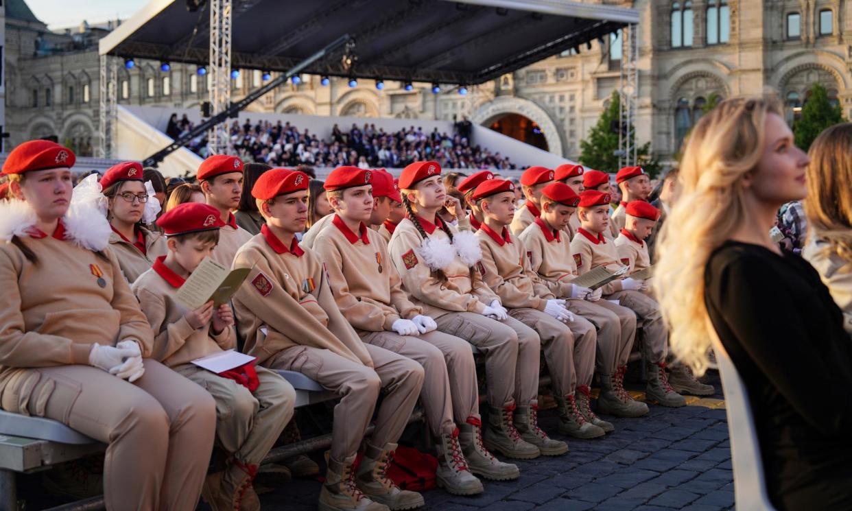 <span>Members of the Russian youth organisation Yunarmia (Young Army) celebrate the day of saints Cyril and Methodius, founders of the Cyrillic alphabet, in Moscow’s Red Square on 24 May 2024.</span><span>Photograph: Igor Palkin/AP</span>