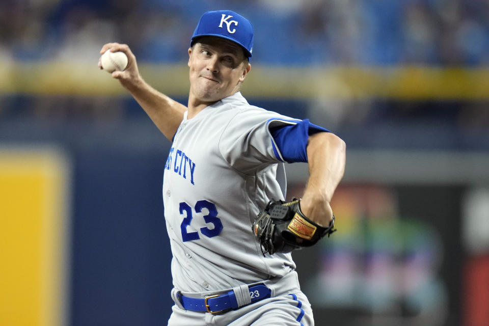 Kansas City Royals starting pitcher Zack Greinke delivers to the Tampa Bay Rays during the first inning of a baseball game Friday, June 23, 2023, in St. Petersburg, Fla. (AP Photo/Chris O'Meara)