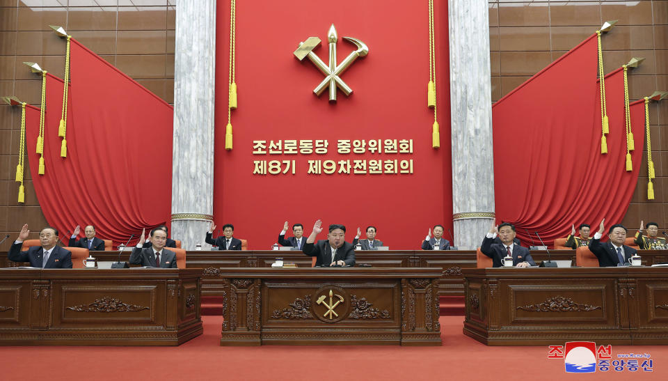 In this photo provided by the North Korean government, North Korean leader Kim Jong Un, center, attends a year-end plenary meeting of the ruling Workers’ Party, which was held between Dec. 26, and Dec. 30, 2023, in Pyongyang, North Korea. Independent journalists were not given access to cover the event depicted in this image distributed by the North Korean government. The content of this image is as provided and cannot be independently verified. Korean language watermark on image as provided by source reads: "KCNA" which is the abbreviation for Korean Central News Agency. (Korean Central News Agency/Korea News Service via AP)