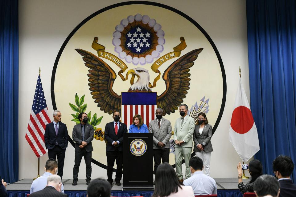 Nancy Pelosi participating in a press conference in US Embassy in Tokyo on 5 August 2022 (AFP via Getty Images)