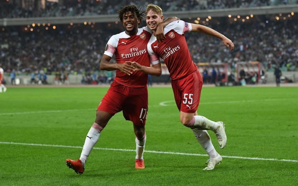 Alex Iwobi congratulates Emile Smith Rowe on his maiden goal for Arsenal in the 3-0 victory over Qarabag - Arsenal FC