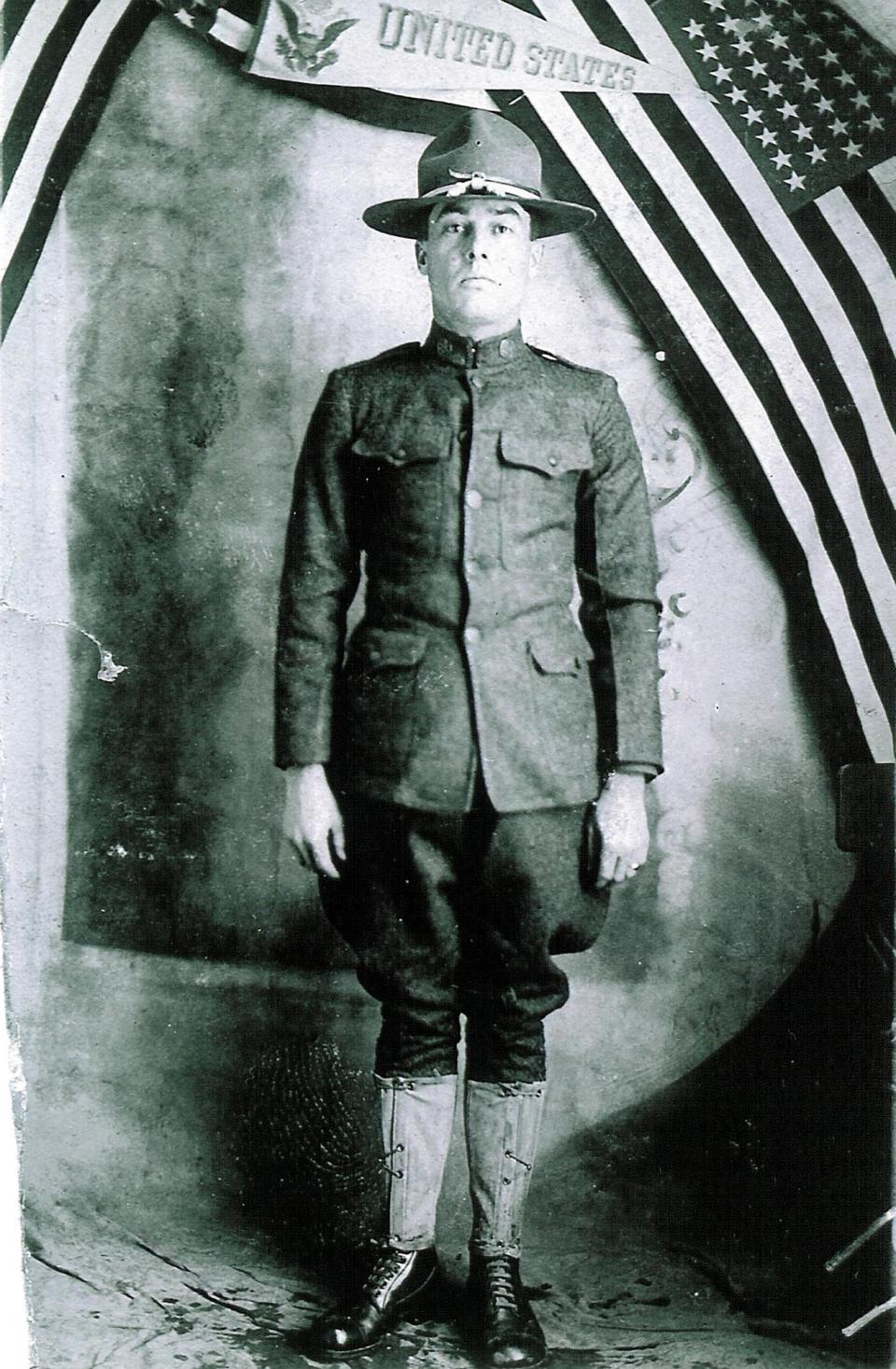 CORRECTS THE SOURCE In this undated photo from the collection provided by Patrick Lernout, American World War One soldier Wesley Creech, stands in his uniform. As if by premonition, Private Wesley Creech no longer hid the darkness of his soul from his wife Carzetta and five-month-old daughter Marie during the decisive weeks of World War One.“If I never see you and Marie any more, I hope to meet you in a Better Place,” he penned down in his best strokes on Aug. 24, 1918, when the American army was pushing the Germans back in Belgium. He signed off the letter with “good By.” One week later he was killed by an enemy bullet in the head. On Wednesday, March 26, 2014, President Barack Obama will honor those Americans who died in a struggle so all-encompassing, so horrific, it simply became known as the Great War. Obama thus pre-empts most of the continental centennial remembrances which are tarteged at the early August 1914 start of hostilities which pitted the German and Austro-Hungarian empires against France, Britain and Russia and others. (AP Photo)