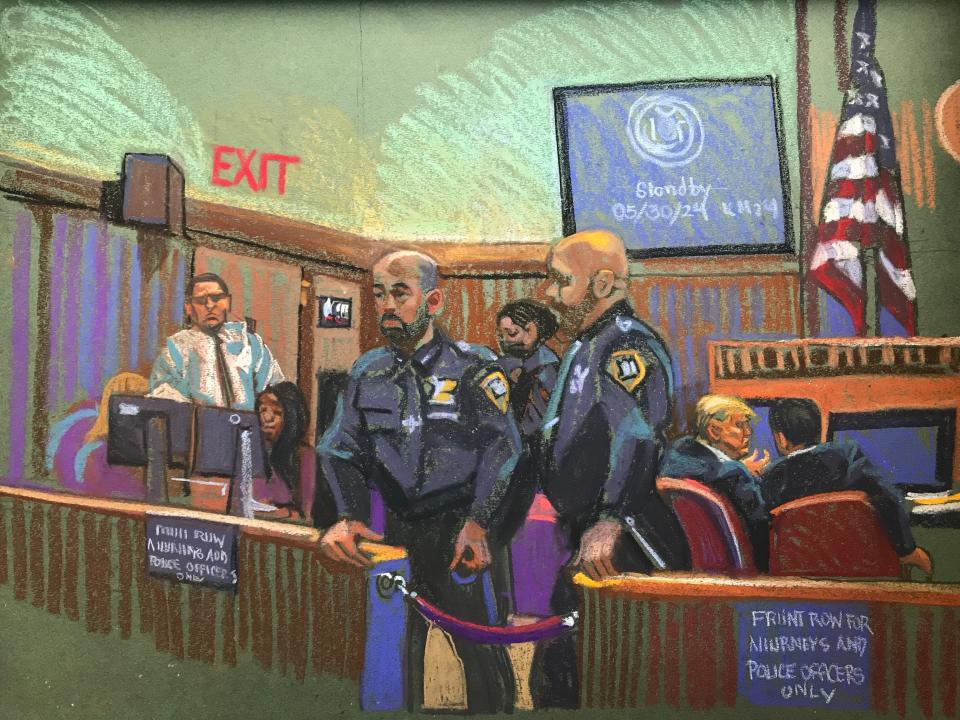 A sketch of security guards standing at the barrier to the front of the courtroom, with Donald Trump behind them talking to Todd Blanche.