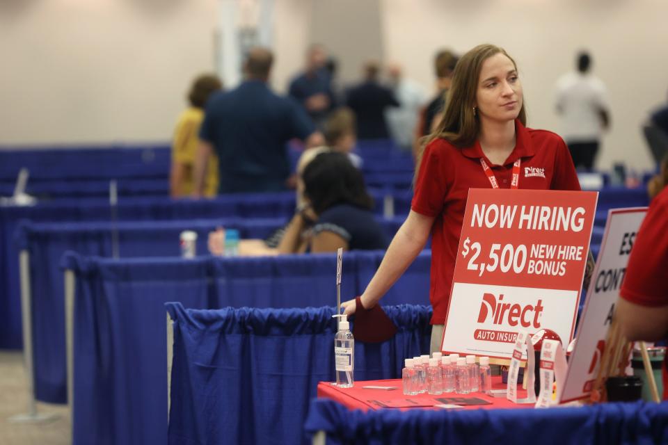 Employers from Memphis to Gulfport gather -- 45 separate businesses in all -- hoping for applicants during a job fair at the Landers Center in Southaven, Miss. on Thursday, Aug. 26, 2021.