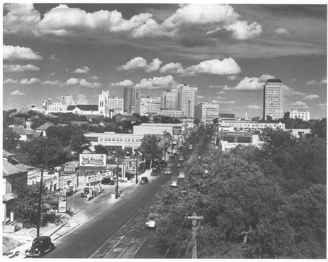 Sky view of downtown Fort Worth taken by W.D. Smith from Rotary Apartments on 7th St. at Summit Ave., 1936 [photo negative is missing from the W.D. Smith Collection]