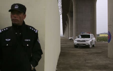 A policeman stands guard under a stretch of the new high-speed rail line between Xinjiang's capital Urumqi and Turpan, June 3, 2014. REUTERS/Michael Martina