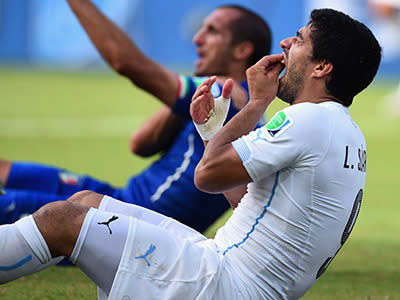 For the third time in his career, Uruguay striker Luis Suarez took a nibble on an opponent. Suarez was suspended from all football-related activity for four months for biting Italy defender Giorgio Chiellini at the 2014 World Cup.