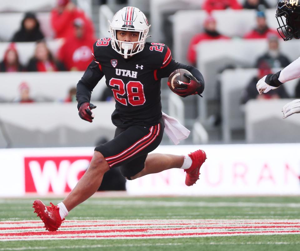 Utah Utes safety Sione Vaki (28) runs against the Colorado Buffaloes in Salt Lake City on Saturday, Nov. 25, 2023. | Jeffrey D. Allred, Deseret News