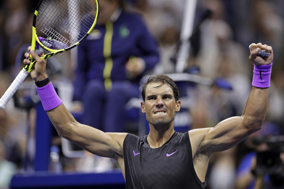 Rafael Nadal, of Spain, celebrates after defeating John Millman, of Australia, during the first round of the U.S. Open tennis tournament Tuesday, Aug. 27, 2019, in New York. (AP Photo/Adam Hunger)