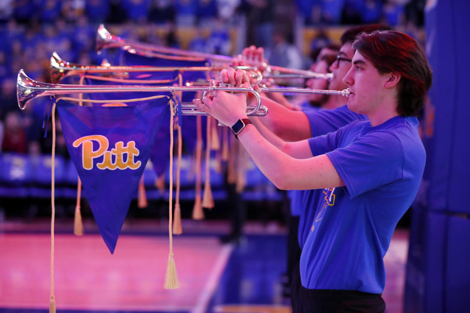 Jan. 21, 2023; Pittsburgh, Pennsylvania; The University of Pittsburgh Panthers pep band plays the national anthem before a game against the Florida State Seminoles at the Petersen Events Center. Charles LeClaire-USA TODAY Sports