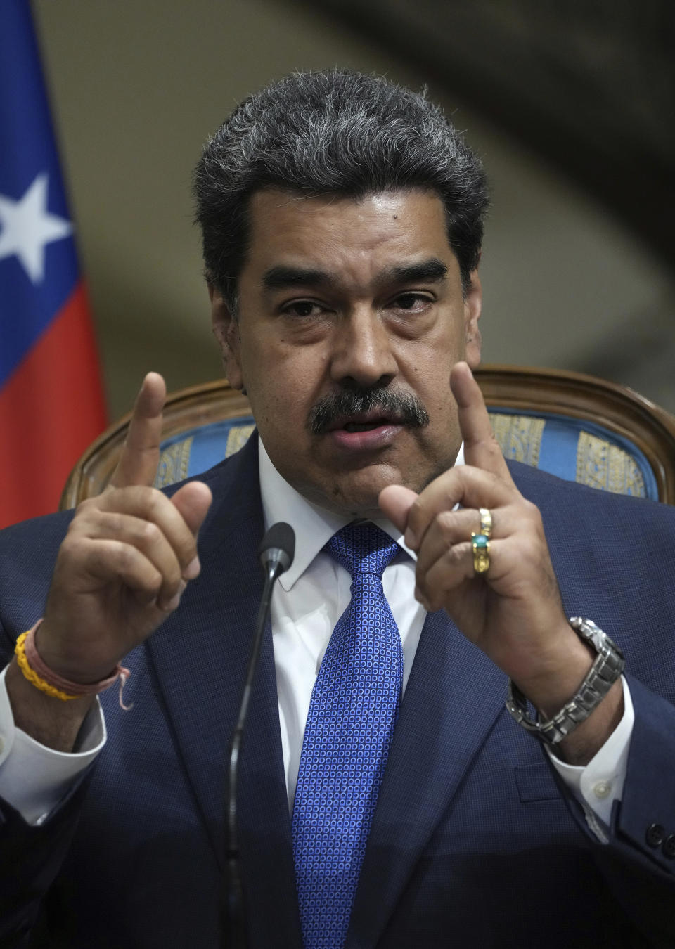 Venezuela's President Nicolas Maduro gestures as he speaks in a joint news briefing with his Iranian counterpart Ebrahim Raisi at the Saadabad Palace in Tehran, Iran, Saturday, June 11, 2022. (AP Photo/Vahid Salemi)